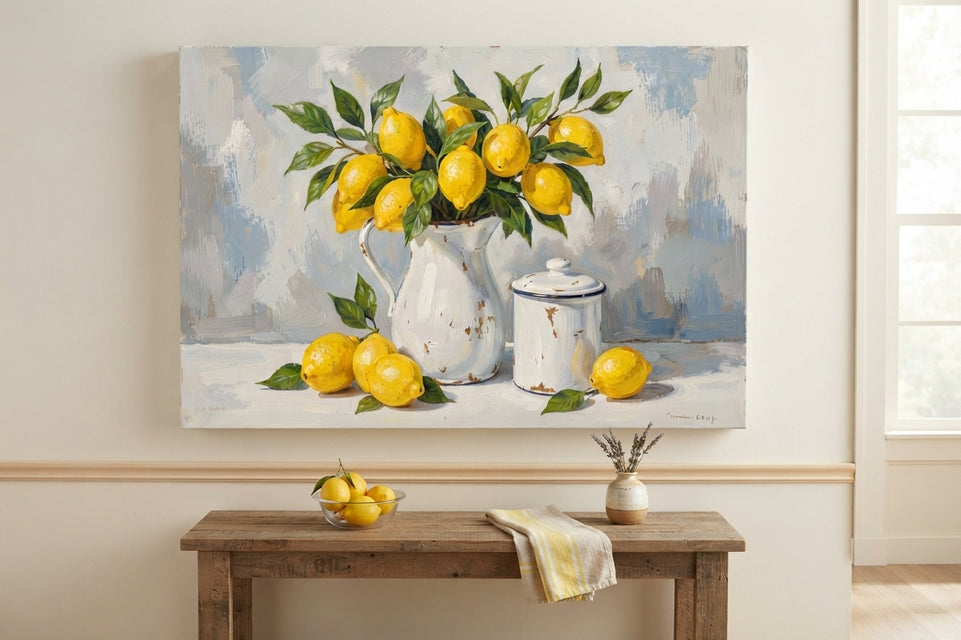 Lush Lemon Bouquet Canvas Art Print Art Wall Art Wooden Frame for Kitchen Dining Room Decor, Bright Yellow Citrus Still Life with White Pitcher and Leaves Modern Abstract Home Decor Framed Canvas Painting Ready to Hang Artwork