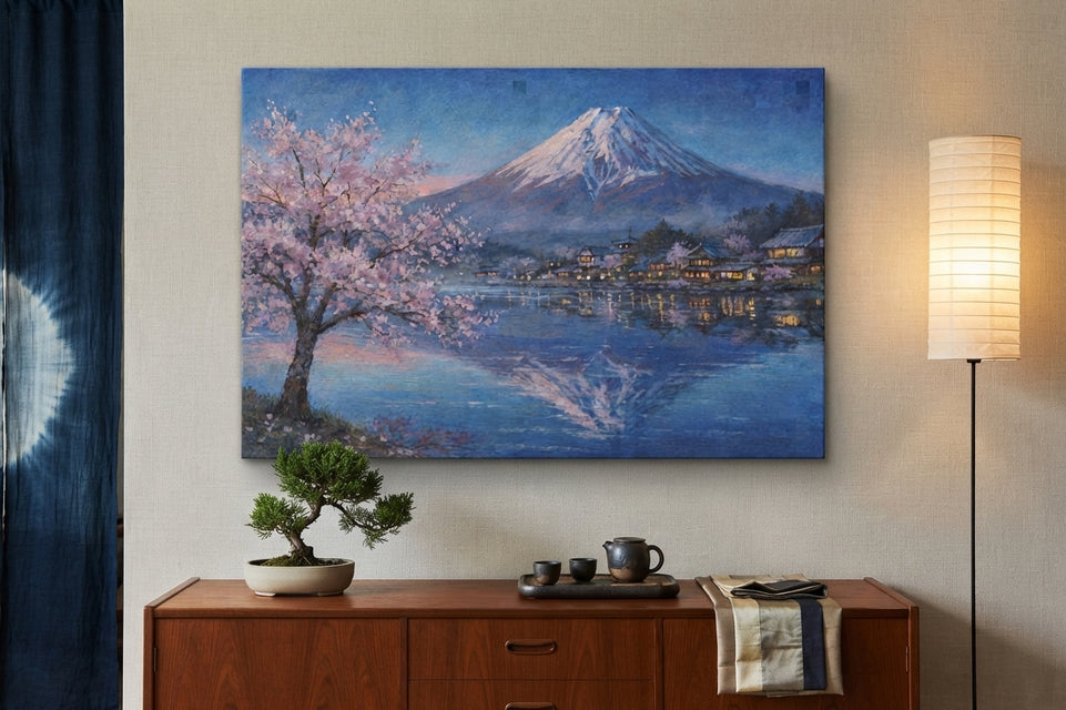 Serene Mount Fuji Canvas Art Print Art Wall Art Wooden Frame - Tranquil Cherry Blossoms Reflecting on Water, Japanese Landscape for Living Room, Bedroom, or Office Decor Modern Abstract Home Decor Framed Canvas Painting Ready to Hang Artwork