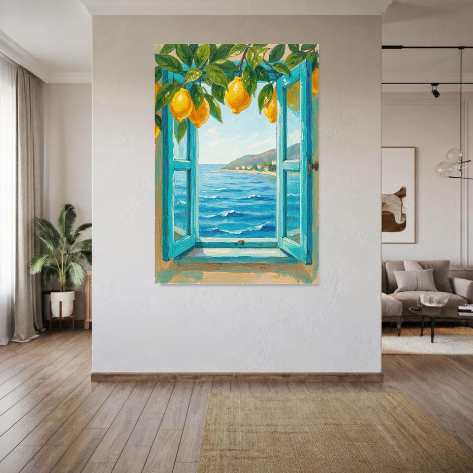 Lemon Tree View Canvas Art Print Art Wall Art Wooden Frame Coastal Scenery with Blue Window and Ocean Waves for Kitchen or Dining Room Decor Modern Abstract Home Decor Framed Canvas Painting Ready to Hang Artwork Living Room Bedroom Office Wall Decor