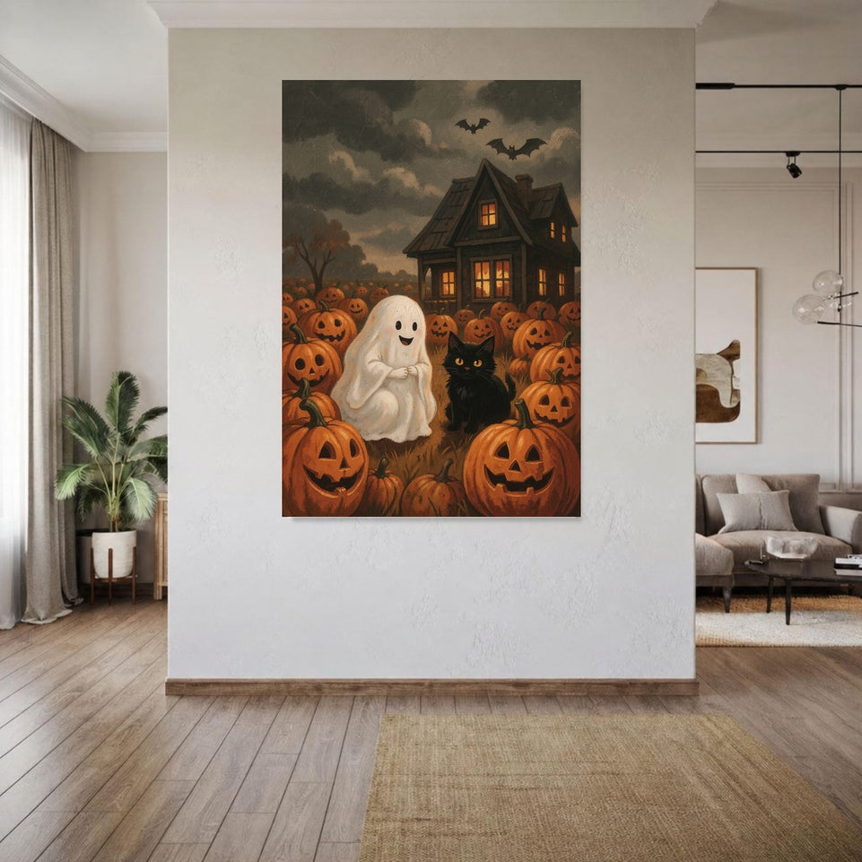 Charming Ghost and Cat in Pumpkin Patch Canvas Art Print Art Wall Art Wooden Frame for Halloween Decor Living Room or Kids Room Modern Abstract Home Decor Framed Canvas Painting Ready to Hang Artwork Living Room Bedroom Office Wall Decor
