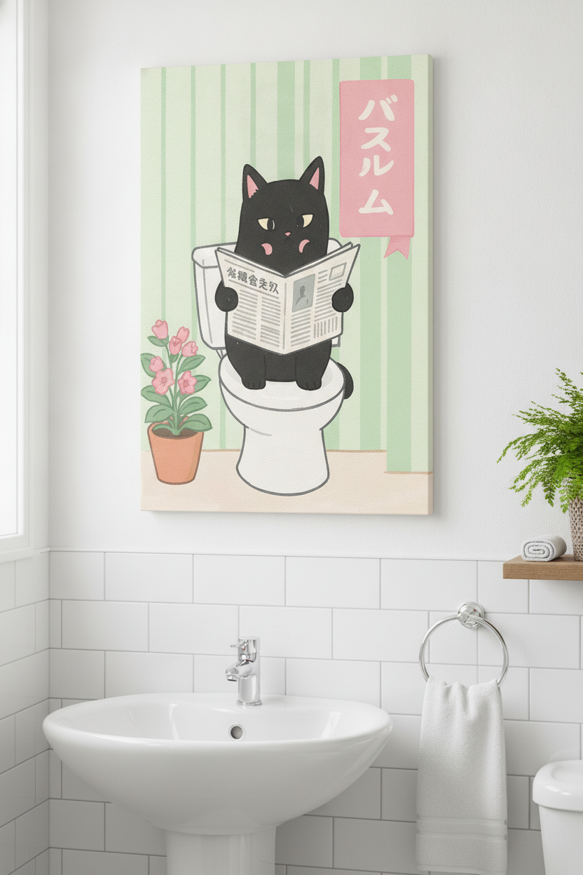 Canvas Art Print Art Wall Art Wooden Frame Playful Black Cat on Toilet with Flowers and Newspaper in Cute Cartoon Style for Fun Home Decor or Whimsical Bathroom Aesthetic Modern Framed Canvas Artwork Modern Abstract Home Decor Framed Canvas Painting