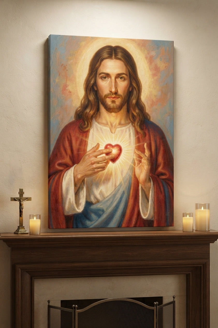 Sacred Heart Portrait Canvas Art Print Art Wall Art Wooden Frame Spiritual Home Decor for Living Room Bedroom Church Modern Abstract Home Decor Framed Canvas Painting Ready to Hang Artwork Living Room Bedroom Office Wall Decor