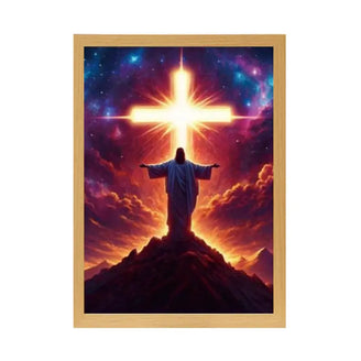 Radiant Christ with Glowing Cross on Mountain - Inspirational Christian Painting Lamp June Wall Art