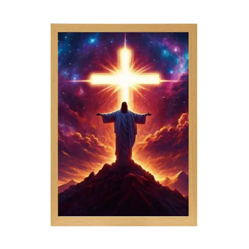Radiant Christ with Glowing Cross on Mountain - Inspirational Christian Painting Lamp June Wall Art