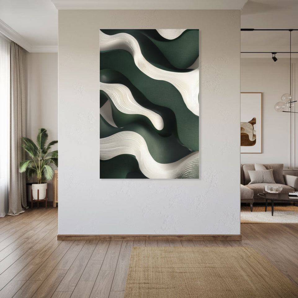 Abstract Waves in Emerald Green and White Canvas Art June Wall Art