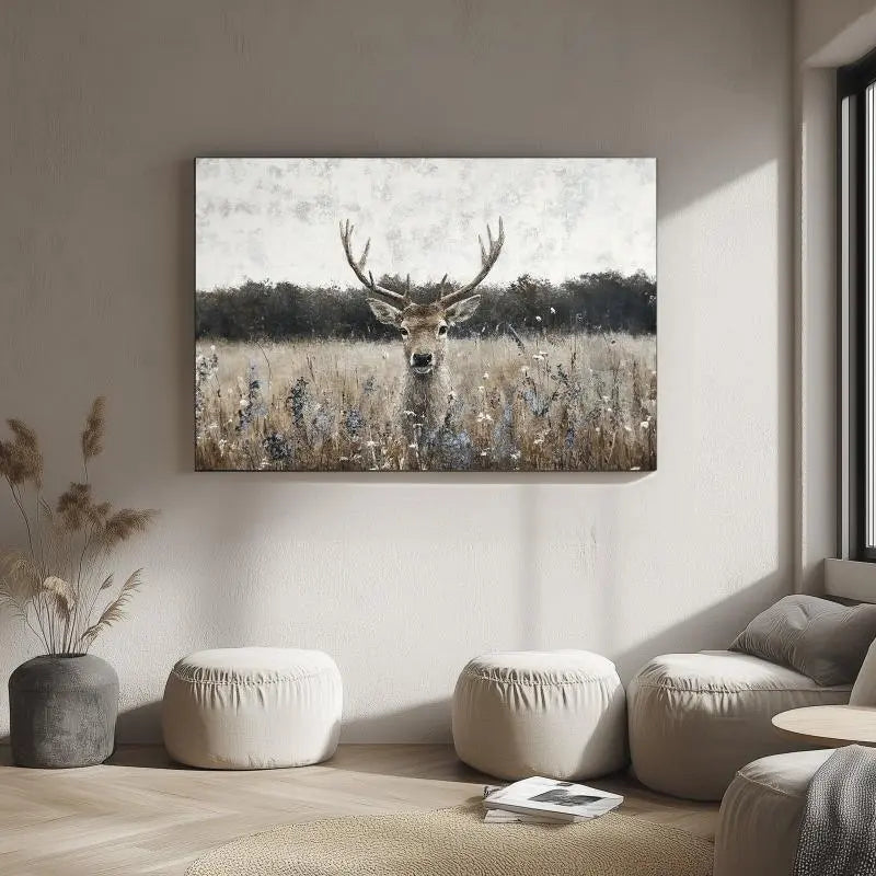 Majestic Deer in Meadow Canvas Print - Rustic Wildlife Wall Art for Nature-Inspired Home Decor June Wall Art