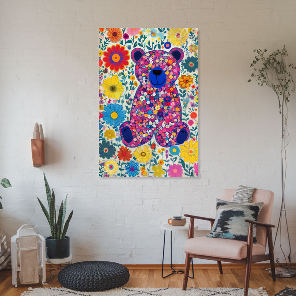 Floral Fantasy Bear Garden Delight  Canvas Art for Home Decor and Nursery Wall Art June Wall Art