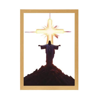 Radiant Christ with Glowing Cross on Mountain - Inspirational Christian Painting Lamp June Wall Art