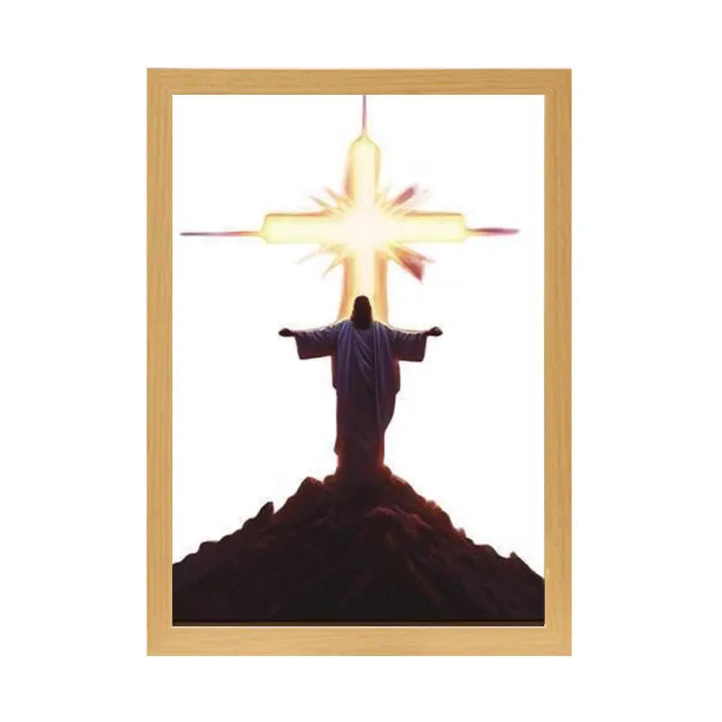 Radiant Christ with Glowing Cross on Mountain - Inspirational Christian Painting Lamp June Wall Art