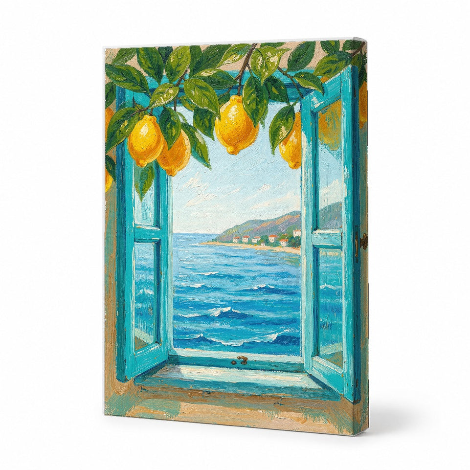 Lemon Tree View Canvas Art Print Art Wall Art Wooden Frame Coastal Scenery with Blue Window and Ocean Waves for Kitchen or Dining Room Decor Modern Abstract Home Decor Framed Canvas Painting Ready to Hang Artwork Living Room Bedroom Office Wall Decor