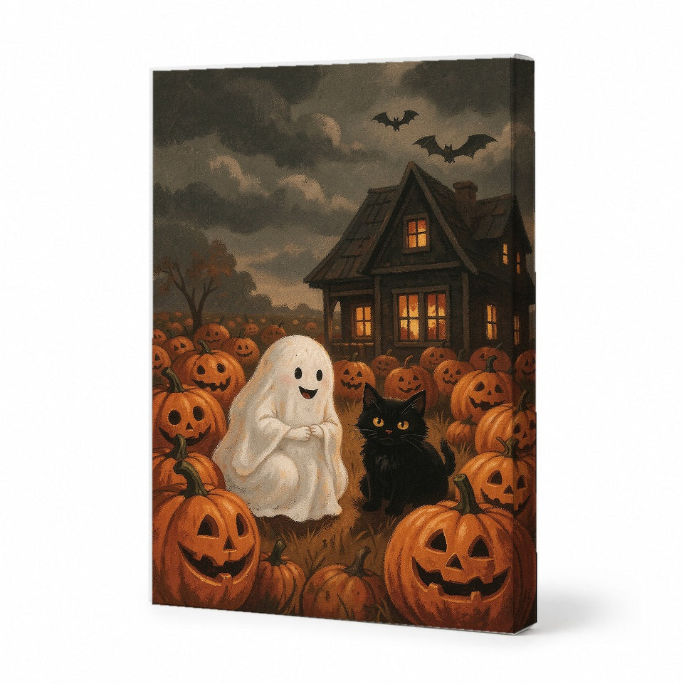 Charming Ghost and Cat in Pumpkin Patch Canvas Art Print Art Wall Art Wooden Frame for Halloween Decor Living Room or Kids Room Modern Abstract Home Decor Framed Canvas Painting Ready to Hang Artwork Living Room Bedroom Office Wall Decor