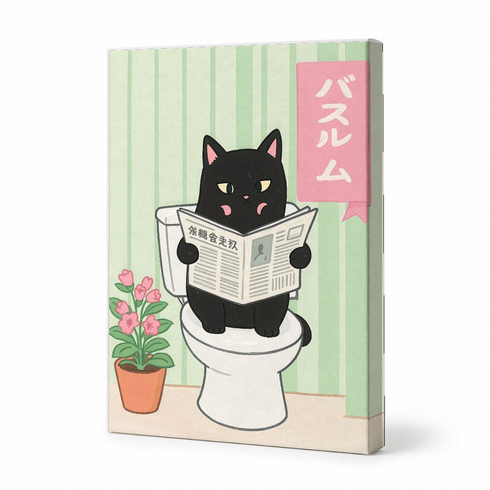 Canvas Art Print Art Wall Art Wooden Frame Playful Black Cat on Toilet with Flowers and Newspaper in Cute Cartoon Style for Fun Home Decor or Whimsical Bathroom Aesthetic Modern Framed Canvas Artwork Modern Abstract Home Decor Framed Canvas Painting