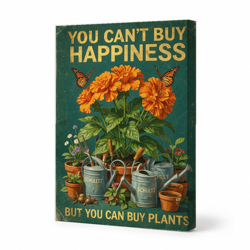 You Can't Buy Happiness Canvas Art Print Art Wall Art Wooden Frame Whimsical Floral Decor for Kitchen Living Room Office Vintage Style Garden Art Modern Abstract Home Decor Framed Canvas Painting Perfect for Plant Lovers Ready to Hang Artwork
