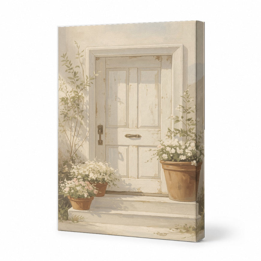Charming White Doorway with Flowers Canvas Art Print Art Wall Art Wooden Frame for Cozy Home Decor, Farmhouse Style, Rustic Vibes Modern Abstract Home Decor Framed Canvas Painting Ready to Hang Artwork Living Room Bedroom Office Wall Decor