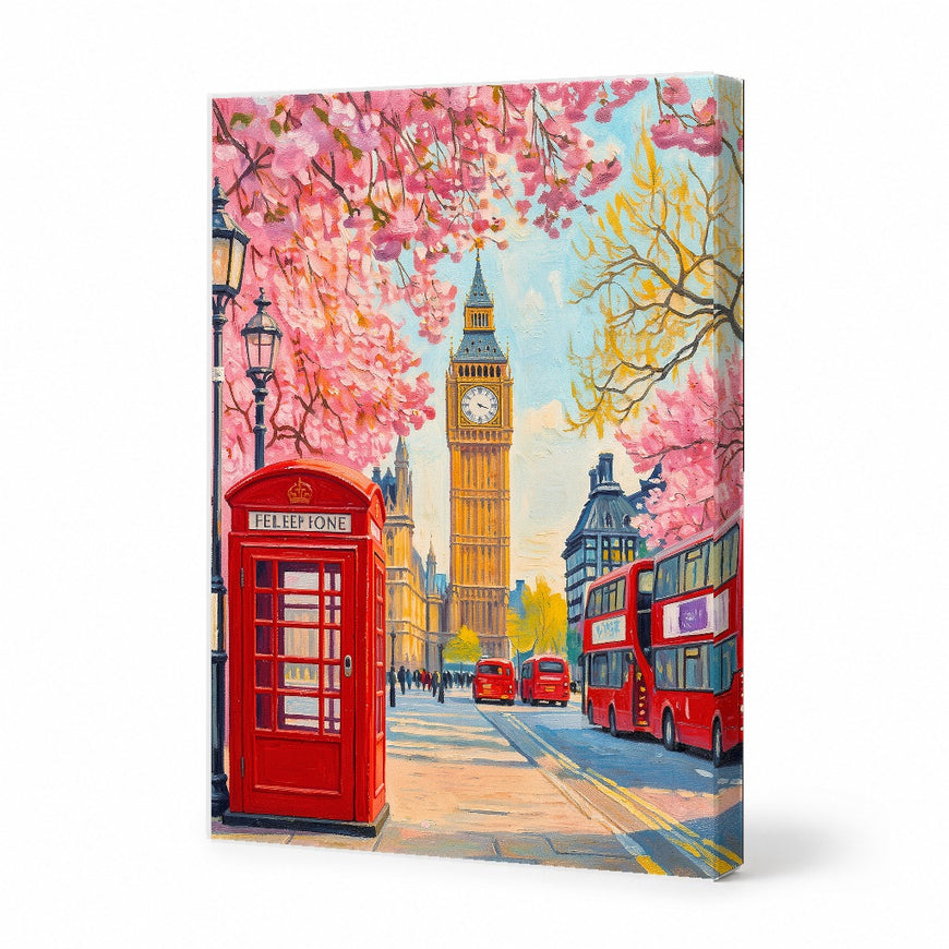 London's Iconic Red Phone Booth Canvas Art Print Art Wall Art Wooden Frame, Cherry Blossoms and Big Ben, Vibrant Cityscape for Living Room, Office, or Bedroom Decoration Modern Abstract Home Decor Framed Canvas Painting Ready to Hang Artwork
