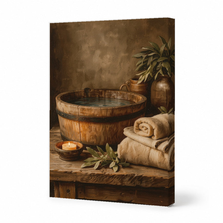 Rustic Serenity Canvas Art Print Art Wall Art Wooden Frame for Cozy Home Decor, Bathroom, Spa Vibes, Relaxing Atmosphere, Earthy Tones, Nature Inspired Modern Abstract Home Decor Framed Canvas Painting Ready to Hang Artwork Premium Poster Print for Home