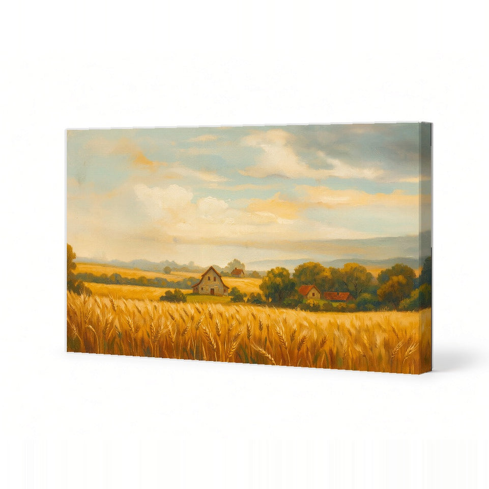 Golden Wheat Field Landscape Canvas Art Print Art Wall Art Wooden Frame, Rustic Farmhouse Decor, Country Home Aesthetic, Nature Inspired Wall Decor Modern Abstract Home Decor Framed Canvas Painting Ready to Hang Artwork Premium Poster Print for Home