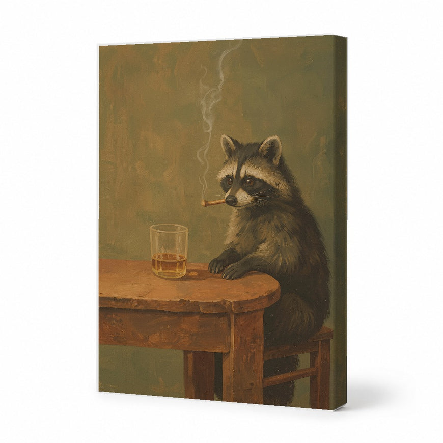 Charming Raccoon at a Table Canvas Art Print Art Wall Art Wooden Frame - Quirky Animal Decor for Living Room, Dining Room, or Home Bar Modern Abstract Home Decor Framed Canvas Painting Ready to Hang Artwork Living Room Bedroom Office Wall Decor