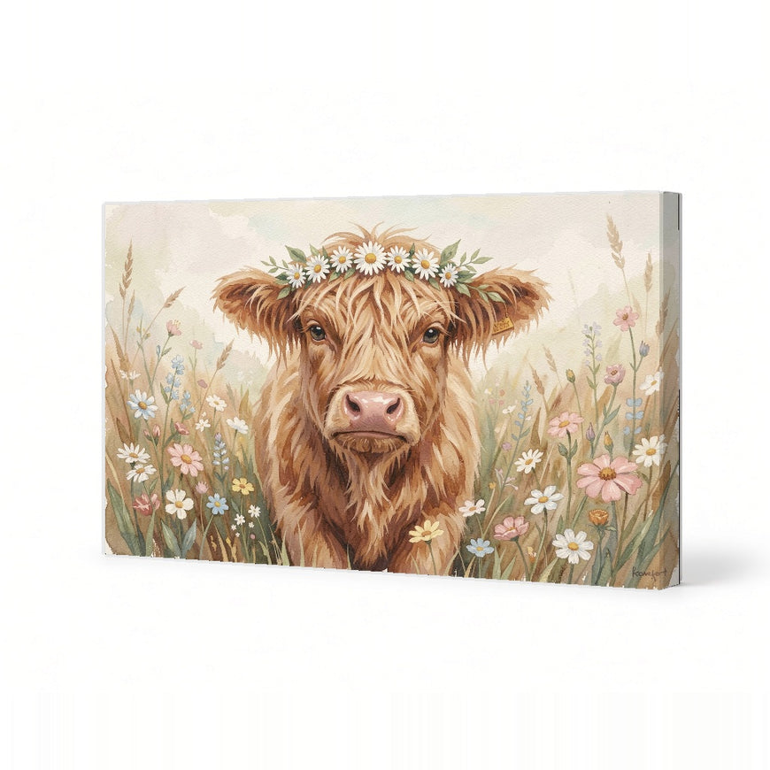 Charming Highland Cow Floral Canvas Art Print Art Wall Art Wooden Frame for Rustic Farmhouse Decor, Living Room, or Nursery Modern Abstract Home Decor Framed Canvas Painting Ready to Hang Artwork Living Room Bedroom Office Wall Decor