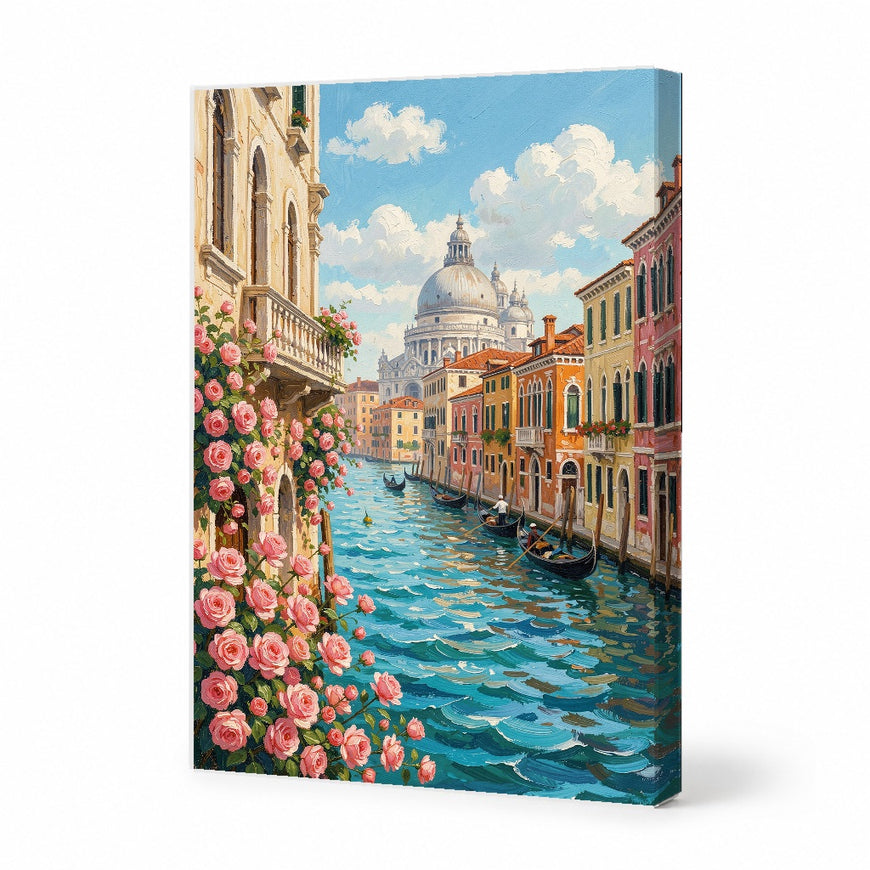 Venetian Canals with Roses Canvas Art Print Art Wall Art Wooden Frame - Perfect for Living Room, Bedroom, or Office Decor Modern Abstract Home Decor Framed Canvas Painting Ready to Hang Artwork Living Room Bedroom Office Wall Decor