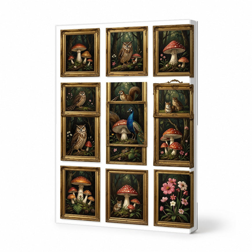 Enchanting Woodland Creatures Canvas Art Print Art Wall Art Wooden Frame - Vibrant Nature Scenes with Owls, Squirrels, and Mushrooms for Living Room Decor, Cozy Cabin Aesthetic Modern Abstract Home Decor Framed Canvas Painting Ready to Hang Artwork