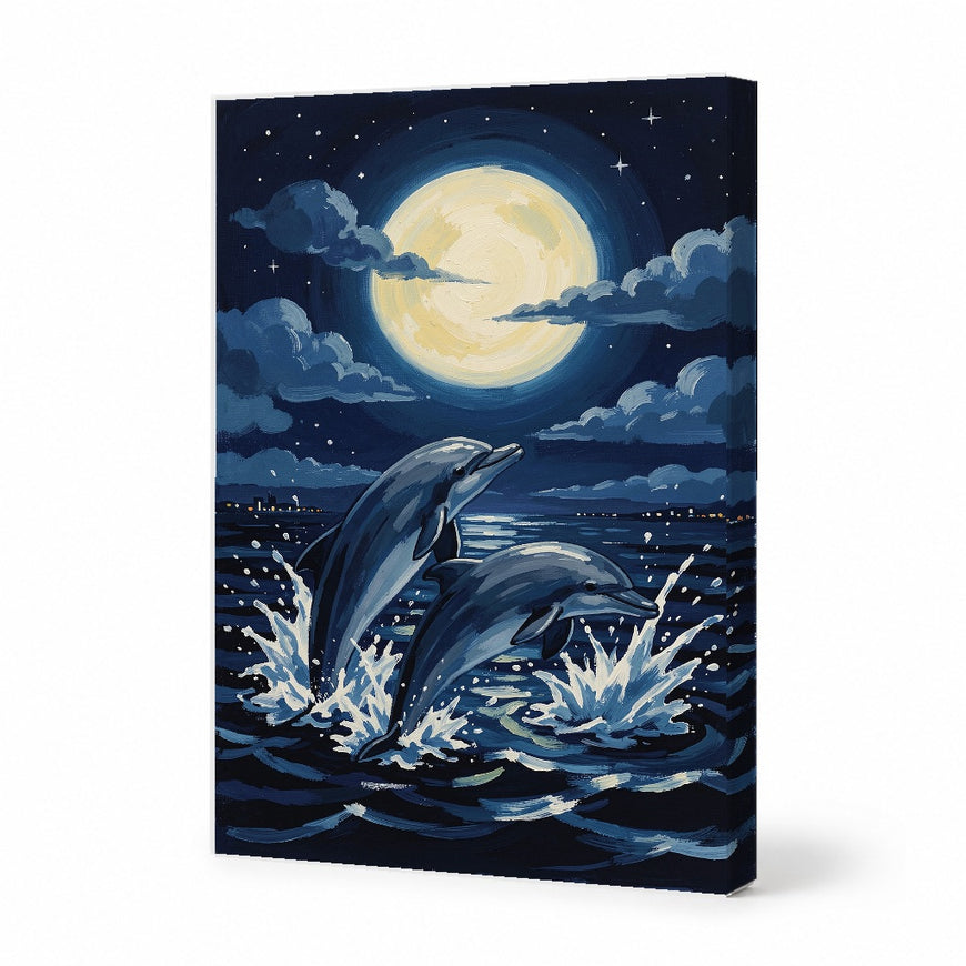 Dolphins Under the Moon Canvas Art Print Art Wall Art Wooden Frame Ocean Night Sky Decorative Home Decor for Living Room Bedroom Modern Abstract Home Decor Framed Canvas Painting Ready to Hang Artwork Living Room Bedroom Office Wall Decor