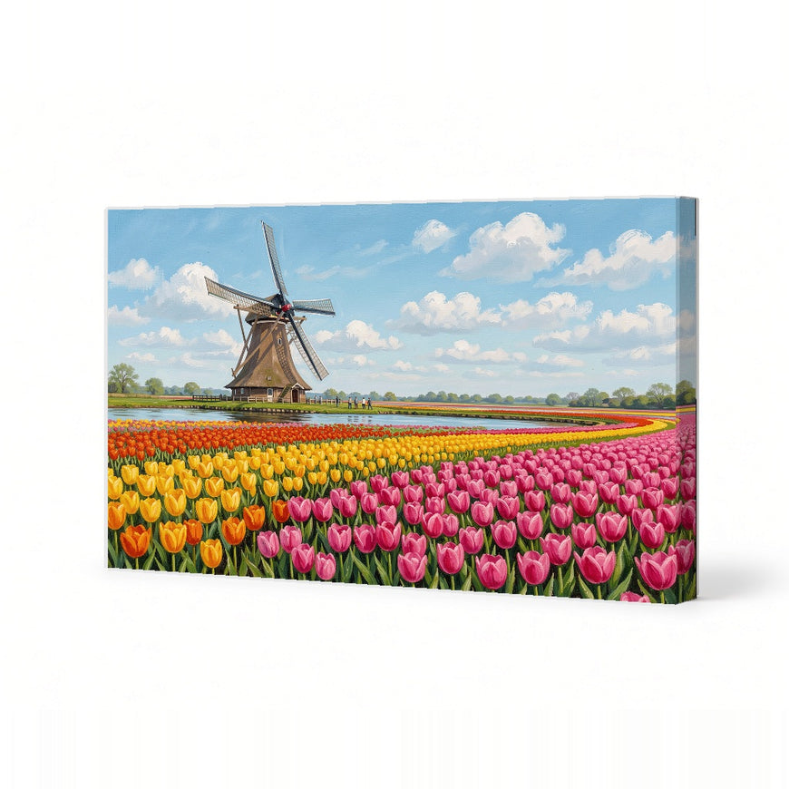 Vibrant Tulip Fields with Windmill Canvas Art Print Art Wall Art Wooden Frame, Perfect for Living Room or Office Decor Modern Abstract Home Decor Framed Canvas Painting Ready to Hang Artwork Living Room Bedroom Office Wall Decor