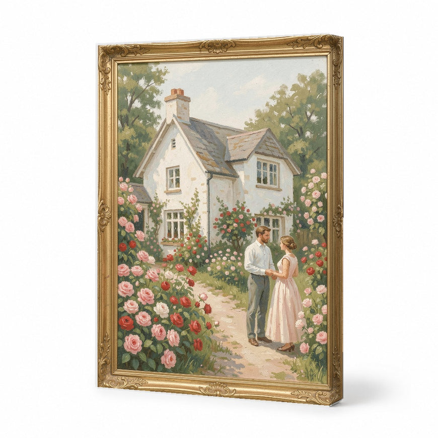 Charming Couple in Blooming Rose Garden Canvas Art Print Art Wall Art Wooden Frame Romantic Vintage Style for Living Room Bedroom Decor Modern Abstract Home Decor Framed Canvas Painting Ready to Hang Artwork Living Room Bedroom Office Wall Decor