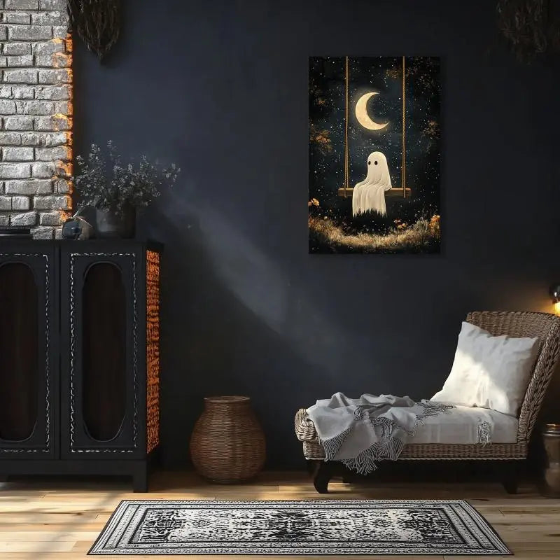 Ghost on Swing Canvas Print - Whimsical Halloween Wall Art for Spooky Home Deco June Wall Art