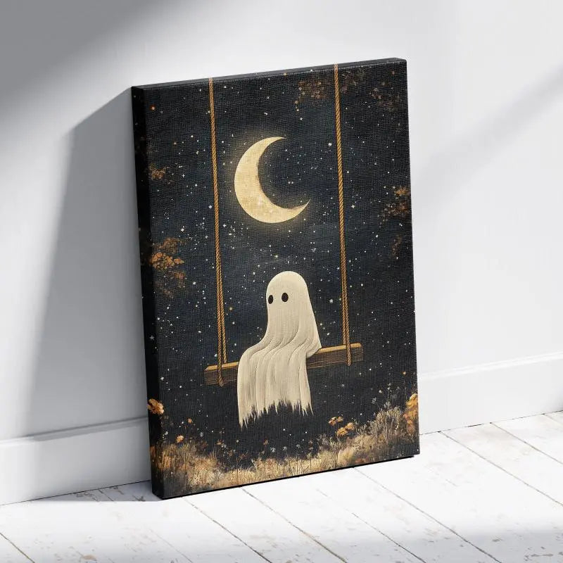 Ghost on Swing Canvas Print - Whimsical Halloween Wall Art for Spooky Home Deco June Wall Art